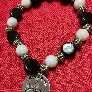 Black and White Beaded Bracelet with Inspirational Charm